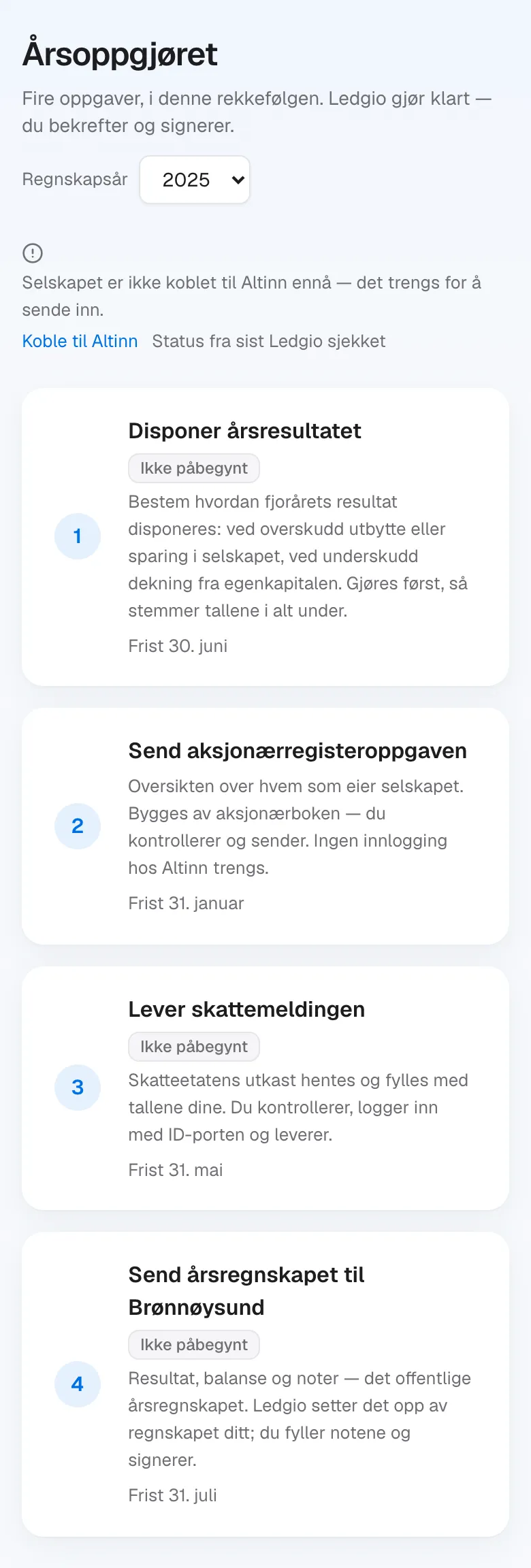 Årsoppgjøret på mobil: de samme fire stegene stablet under hverandre, med status og frist.