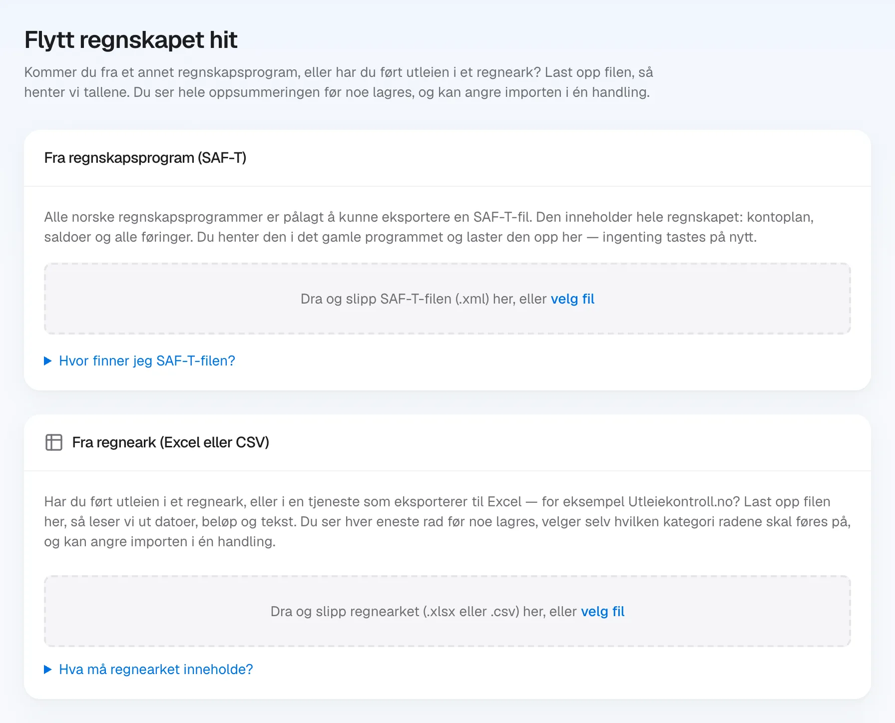 Siden «Flytt regnskapet hit»: last opp en SAF-T-fil fra et annet regnskapsprogram, eller et regneark i Excel eller CSV.